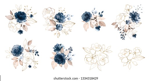 Set Watercolor Design Elements Of Roses Collection Garden Navy Blue Flowers, Leaves, Gold Branches, Botanic  Illustration Isolated On White Background. 