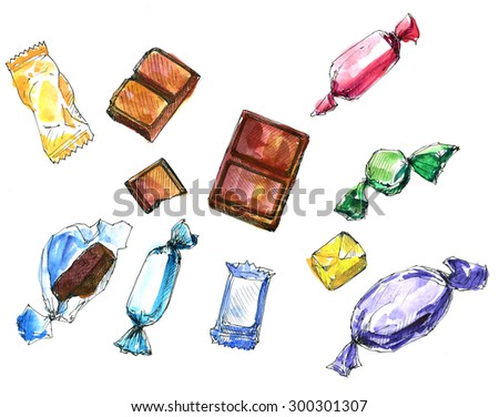 Set Watercolor Drawing Candy Sketch White Stock 