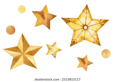 Set of watercolor drawings of golden stars. Festive stars. Decoration isolated on a white background. - Powered by Shutterstock