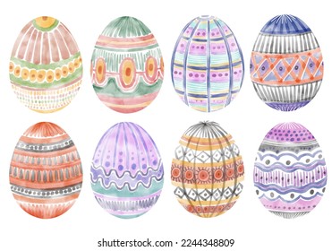 Set of watercolor Easter eggs with geometric pattern. Collection of Hand drawn colored Easter eggs with ornament on white background - Powered by Shutterstock