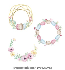 Set of watercolor Easter gold and floral wreaths. Anemones flowers, leaves, branches, eggs. Hand drawn frame, illustration. Isolated design element for invitations, greeting cards, posters.