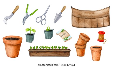 Set Of Watercolor Elements For Gardening And Horticulture Isolated On A White Background. Flower Pots, Seedlings, Garden Tools. Design Elements For Creating Patterns, Postcards, Stationery, Etc.