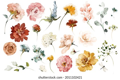 Set Watercolor Elements Of Roses Collection Garden Yellow, Burgundy Flowers, Leaves, Branches, Botanic  Illustration Isolated On White Background.  