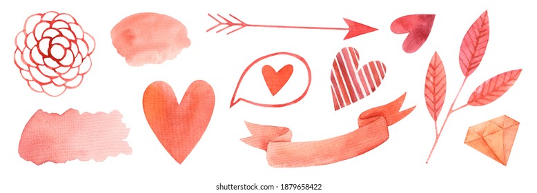 Set With Watercolor Elements Valentine's Day. Romantic Clipart. Flower, Twig, Heart, Arrow, Crystal, Abstract Spots, Ribbon. Love Symbol.