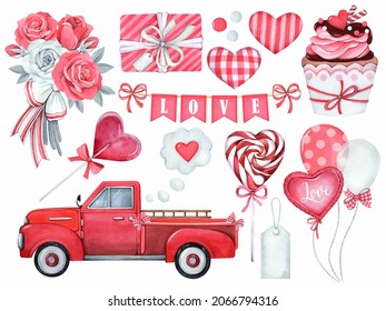 Set of watercolor elements for Valentine's Day. Heart, car, balls, flowers, garland, sweets on a white background. Love stickers set. - Powered by Shutterstock