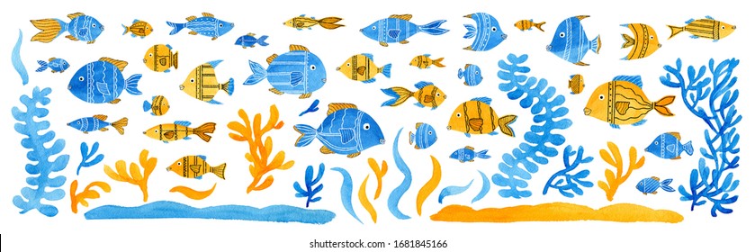 Set of watercolor fish and plants for background, postcard, cover, wallpaper, flyer, banner. Hand drawn cute inhabitants of the sea for holiday, party. Cartoon collection marine life for design