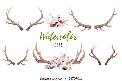 Set of watercolor floral boho antler print.  western bohemian decoration. Hand drawn vintage deer horns with flowers, leaves and herbs. Eco style hipster illustration on white.