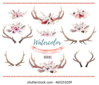 Set of watercolor floral boho antler print.  western bohemian decoration. Hand drawn vintage deer horns with flowers, leaves and herbs. Eco style hipster illustration on white.