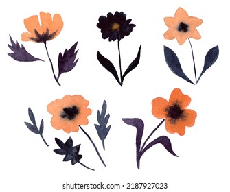 Set Of Watercolor Flowers In Halloween Colors Isolated On White Background