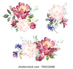 Set Watercolor flowers. Hand painted floral illustration. Bouquet of flowers pink rose. Design arrangements for textile or greeting card. Abstraction branch of flowers isolated on white background.