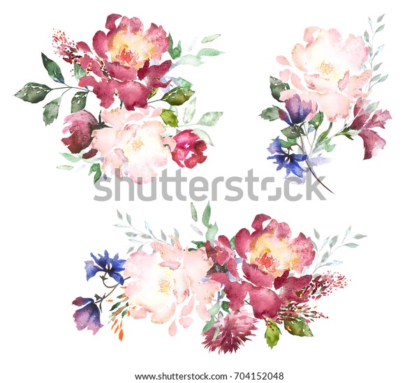 设置水彩花 手绘花卉插画 花束粉红色的玫瑰 纺织品或贺卡的设计安排 花朵抽象分支在白色背景上隔离 库存插图