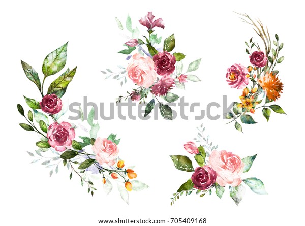 设置水彩花 手绘花卉插画 花束粉红色的玫瑰 纺织品 贺卡的设计安排 花朵抽象分支在白色背景上隔离 库存插图