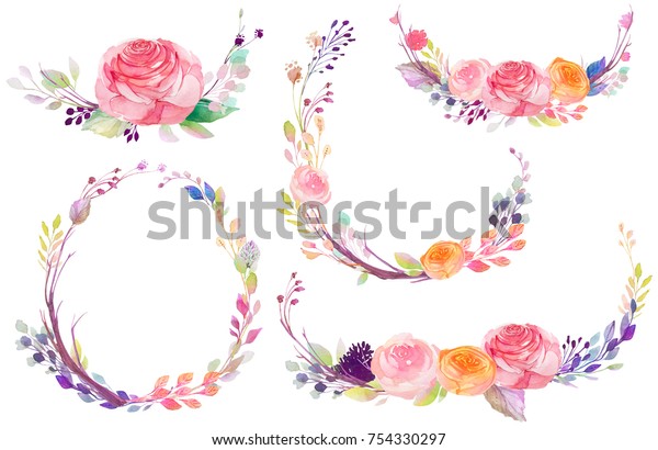 Set Watercolor Flowers Leaves Branches Isolated Stock Illustration 