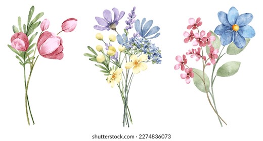 Set watercolor flowers painting, floral vintage bouquet illustrations with wildflowers and leaves. Decoration for poster, greeting card, birthday, wedding design. Isolated on white background. - Powered by Shutterstock