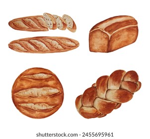 Set of watercolor fresh bread on white background. Bakery products and pastry illustrations. Bread collection of bun, baguette, round crusty bread, sliced baquette, braided bread. - Powered by Shutterstock