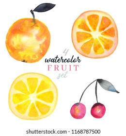 Set of watercolor fruit: apple, orange, lemon, cherry. Hand painted illustrations for cards, books, posters