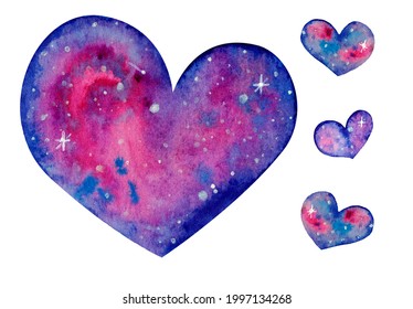 Set of Watercolor galaxy hearts isolated on the white background.Good for Valentines day holiday card, fabric print, decoration, etc. Love theme art.Design element for greeting cards, banners, flyers. - Powered by Shutterstock