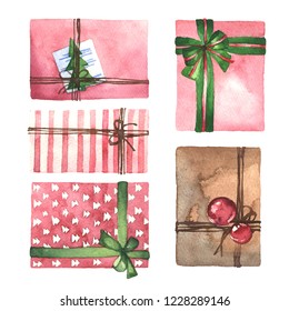 Set Of Watercolor Gifts On Isolated White Background. Hand Draw Christmas Gift Boxes, Presents