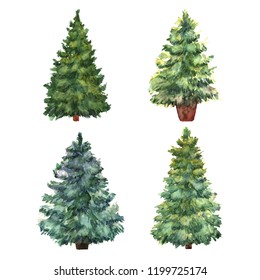 Set of watercolor green Christmas trees on white background. Isolated hand drawn elements for your design