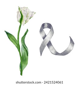 Set of watercolor grey ribbon with tulip. Symbols of Parkinson's Awareness Month. Hand drawn watercolor illustrations isolated on white.  - Powered by Shutterstock