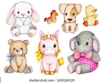 Set watercolor hand drawn illustrations cute toy animals  tedy bear  bunny  unicorn  elephant  puppy  duck  Isolated white  