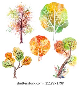 Set of watercolor hand drawn orange,yellow,green autumn trees, elements for yours landscape design project, isolated on the white square background