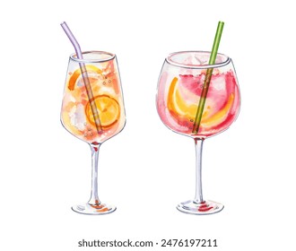 Set of watercolor hand painted aperetive Gin and tonic cocktails glass with lime fruit slice simple sketch illustration on white background. DIY elements for bar menu, social media, ads and posters - Powered by Shutterstock