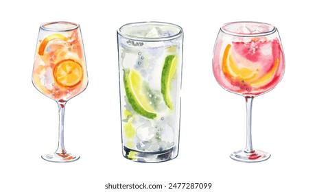 Set of watercolor hand painted aperetive Gin and tonic cocktails glass with lime fruit slice simple sketch illustration on white background. DIY elements for bar menu, social media, ads and posters - Powered by Shutterstock