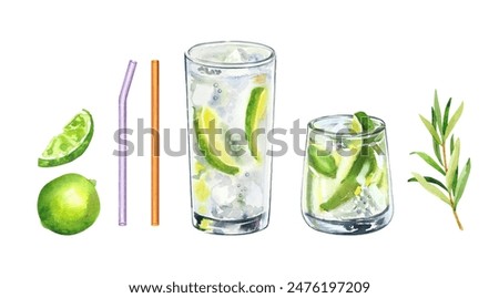 Set of watercolor hand painted aperetive Gin and tonic cocktails glass with lime fruit slice simple sketch illustration on white background. DIY elements for bar menu, social media, ads and posters