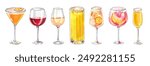 Set of watercolor hand painted aperitif cocktails, white, red and sparkling wine glass simple sketch illustration on white background DIY elements for bar menu, social media, ads and posters