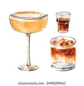 Set of watercolor hand painted aperitif salted caramel macchiato cocktails glass simple sketch illustration on white background DIY elements for bar menu social media ads and posters