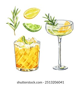 Set of watercolor hand painted aperitif Gin and tonic cocktails glass with lime fruit slice simple sketch illustration on white background. DIY elements for bar menu, social media, ads and posters - Powered by Shutterstock