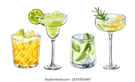 Set of watercolor hand painted aperitif Gin and tonic cocktails glass with lime fruit slice simple sketch illustration on white background. DIY elements for bar menu, social media, ads and posters - Powered by Shutterstock