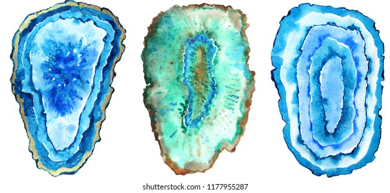 Set Of Watercolor Hand Painted Blue, Green And Gold Agate 