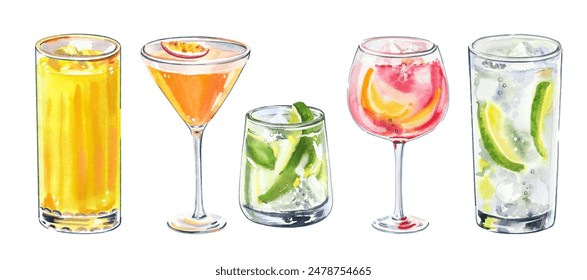 Set of watercolor hand painted summer aperitif cocktails glass simple sketch illustration on white background. DIY elements for bar menu, social media, ads and posters - Powered by Shutterstock