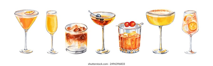 Set of watercolor hand painted summer aperitif cocktails glass simple sketch illustration on white background. DIY elements for bar menu, social media, ads and posters - Powered by Shutterstock