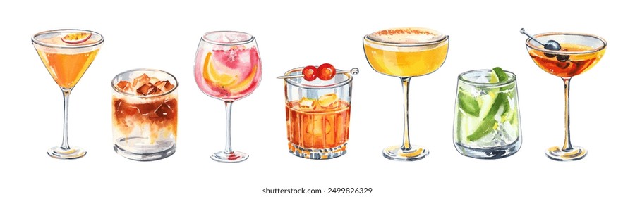 Set of watercolor hand painted summer aperitif cocktails glass simple sketch illustration on white background. DIY elements for bar menu, social media, ads and posters - Powered by Shutterstock