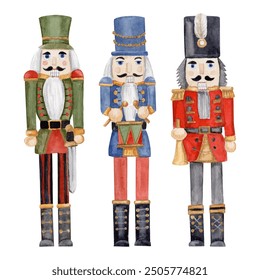 Set watercolor hand-drawn illustration of three different nutcrackers, with a sword, with a trumpet and with a drum. Make any compositions yourself. Can be used on fabrics and paper products and other