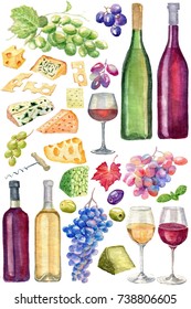 Set watercolor illustration with different noble cheeses with leaves, grapes, olive and  bottles of wine  on white background. 