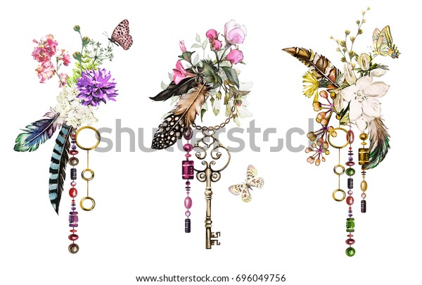 バラやその他の花 鍵 羽を使った水彩イラストをセットします 花 宝飾品 蝶々のある部族の背景 Tシャツ 山の花 タトゥーにかっこいい印刷 ビンテージ のイラスト素材