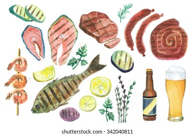 Set Of Watercolor Illustrations. BBQ. Grill. 