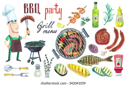 Set Of Watercolor Illustrations. BBQ. Grill. 