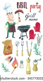 Set Of Watercolor Illustrations. BBQ. Grill. 