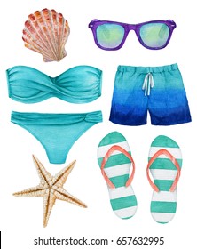 Set of watercolor illustrations of the beach accessories: swimsuit, shorts, sunglasses, slippers, starfish, shell - Shutterstock ID 657632995