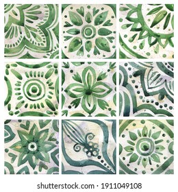 Set Of Watercolor Illustrations - Ceramic Tile Stylization With Green Ornaments. Azulejos Portugal, Turkish Ornament, Moroccan Tile Mosaic, Talavera Ornament.