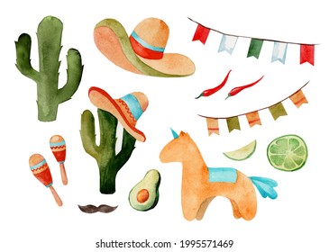 Set watercolor illustrations cinco de mayo  mexican cuisine  fiesta traditional holiday food   festival symbols travel illustration elements  Sombrero  cactus  chili  maracas  pinata