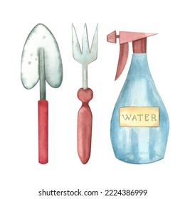 A Set Of Watercolor Illustrations. Gardening. Water Diffuser, Tools For Working In The Ground. All Elements Are Hand-painted In Watercolor On A White Background. For Printing, Packaging, Designers