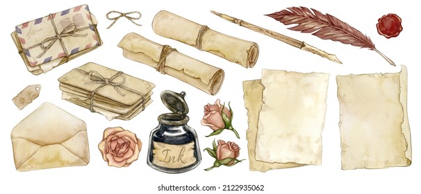 Set of watercolor illustrations of letters, roses, feather pen, inkwell, wax seal, paper and scrolls isolated on a white. Vintage hand drawn illustrations. Can be used in cards, flyers and invitations