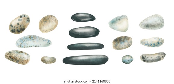 A set of watercolor illustrations made of pebbles and stones for a spa salon. Black flat stones and light blue and brown stones. For compositions, business cards, postcards, price list, spa salon - Powered by Shutterstock