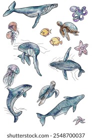 set of watercolor illustrations of marine life: whales, orca, jellyfish, turtle, dolphin, octopus, starfish. For the design of postcards, articles, websites for Ocean Day, Sea Day, Whale  Day